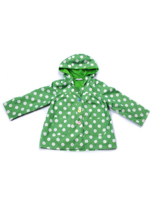 Lány baba kabát, zöld, fehér nagy pöttyös, zsebes , kapucnis, színes gombos, hiányzik 2 db gombja, 2-3 éves méret, George