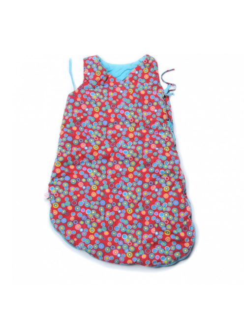 Lány baba hálózsák, piros, színes körök, mintás, oldalt zipzáros,  mért hossza 60 cm., Petit Pan