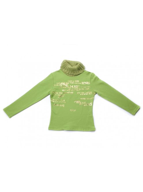 Lány pulóver., zöld, magasított nyakú, arany színű feliratos, 140-es méret,  új, címkés, Van Gils