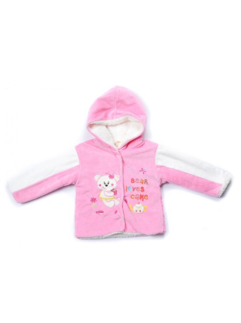 Lány baba kabát, plüss, rózsaszín, fehér, vastag fehér bundás, kapucnis, macis, 68-as méret, Degirmenci