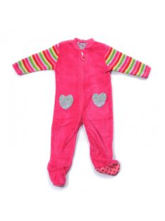   Lány , baba, polár egyberészes pizsama, rózsaszín , színes csíkos, lábánál szürke szivecskés, végig zipzáros lábfejjel, 12-18 hónapos méret, Mothercare
