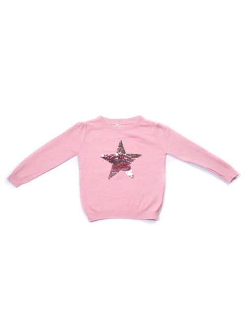 Lány pulóver, rózsaszín, rózsaszín flitterből csillag mintázatú,  5-6  éves méret, Young Dimension