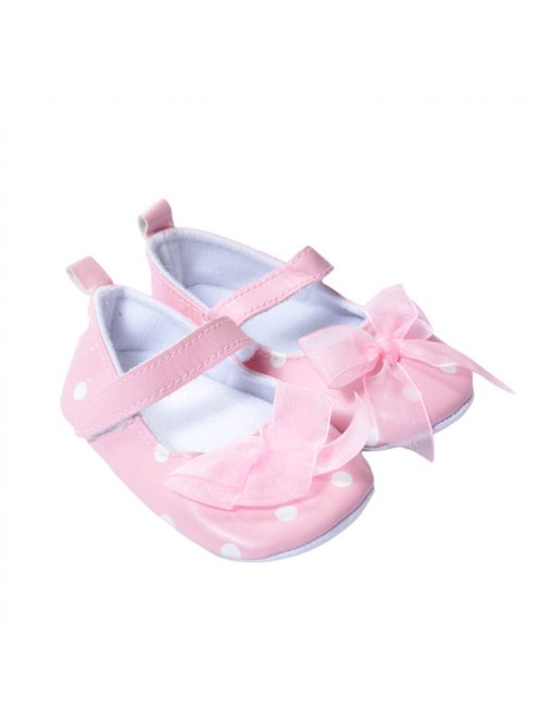 Baba lány cipő, rózsaszín, fehér pöttyös, szatén masnis, tépőzáras pántos, BTH12 cm, 22-es méret