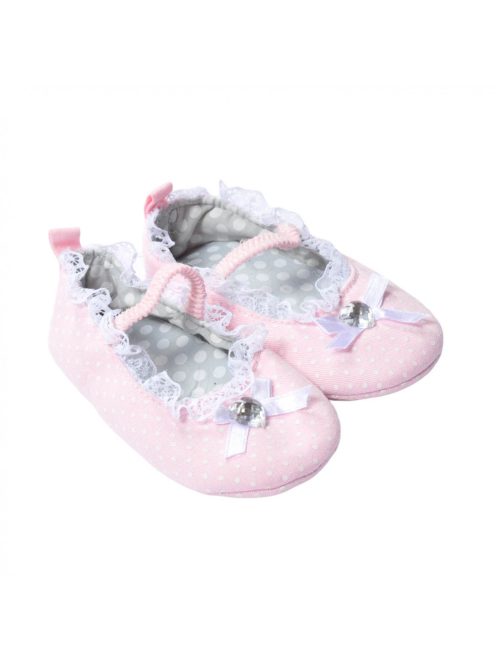 Baba lány cipő, rózsaszín, fehér pöttyös, szatén masnis, szívecske köves, csipkés, gumis pántos, BTH 11 cm, 20-as méret, Mothercare