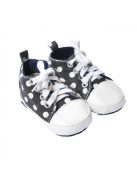 Baba lány, fekete, fehér pöttyös  cipő, fehér fűzős, kis hibás,  BTH 11 cm, 20-as  méret