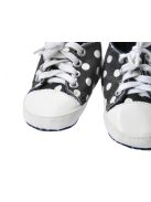 Baba lány, fekete, fehér pöttyös  cipő, fehér fűzős, kis hibás,  BTH 11 cm, 20-as  méret