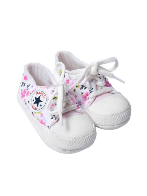 Baba  lány fehér , színes virágos cipő, 19-es  méret, Pamily