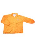 Férfi narancssárga színű, rejtett kapucnis, vékony, bélelt széldzseki, feliratos, ujján fekete foltos, kis hibás, 54-es, L-es méret, Chikiwi