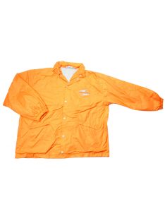   Férfi narancssárga színű, rejtett kapucnis, vékony, bélelt széldzseki, feliratos, ujján fekete foltos, kis hibás, 54-es, L-es méret, Chikiwi