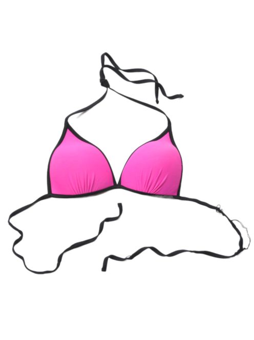 Női bikini felső,  pink és fekete,  szivacsos, nyakában és hátán is vékony pántos, megkötős, kis hibás a pántja, M-es méret