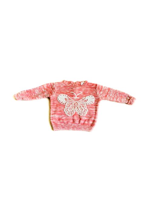 Lány kötött pulóver, rózsaszín-fehér, pillangós, 6-9 hónapos méret, F&F