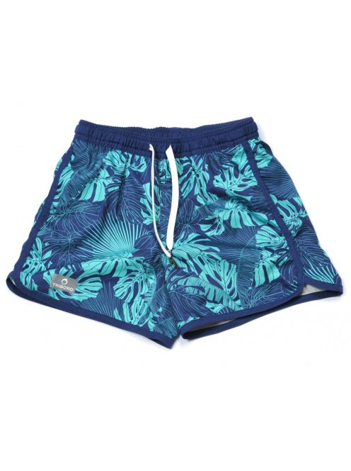 Fiú úszó nadrág, rövid, dereka gumírozott, megkötős, zsebes, kék, zöld levelek, 116-122--es méret, Tribord