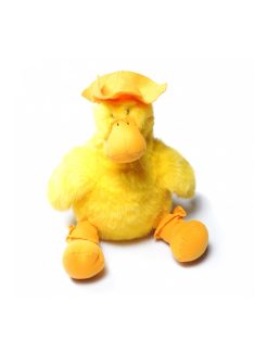   Plüss sárga kacsa, kalapban, csizmában, szalaggal a nyakában,    36 cm